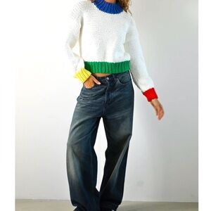 YLLW Woman’s Primary Colorblock White Chunky Cropped Long Drop Shoulder  Sweater